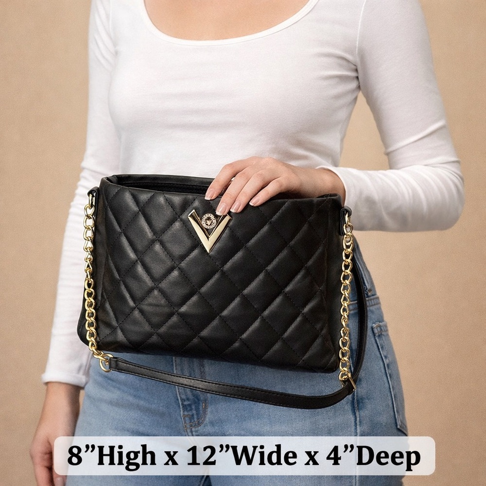 VALENTINO ORLANDI -Vegan leather Black Quilted Crossbody Bag withGold Chain.